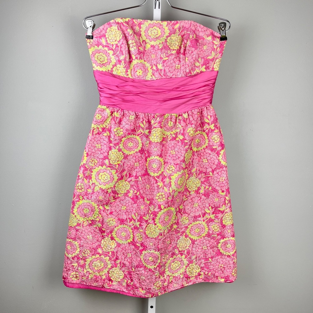 Lilly Pulitzer Natalia Strapless Dress Womens 4 Pink Floral Jacquard Vintage Y2K